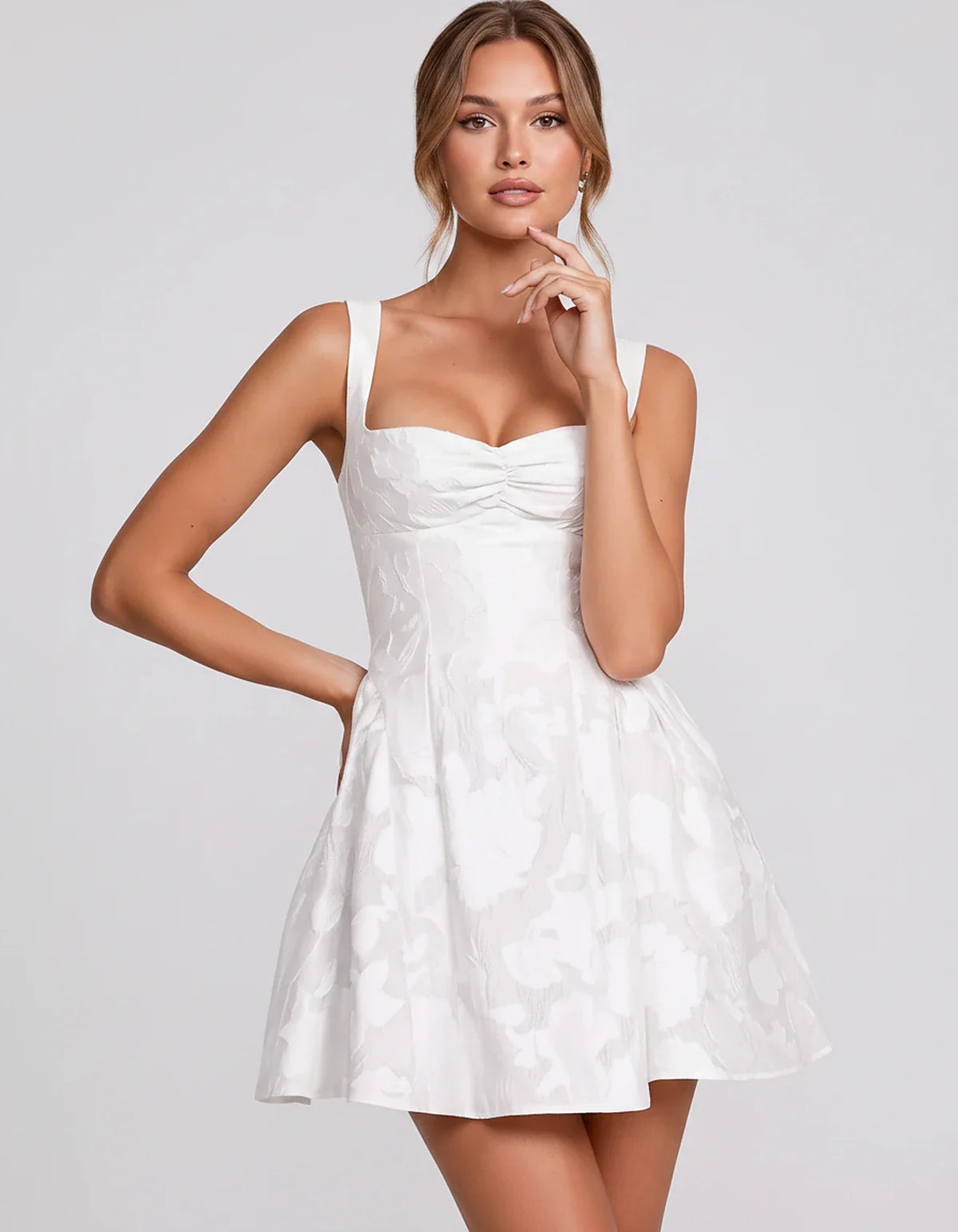 Jacquard Sleeveless Sweetheart A-Line Flared Structured Mini Dress for Party Cocktail Evening Summer Wedding Guest Elegant Oc | SKU: MD-482915736104582-WHITE-L,MD-482915736104582-WHITE-M,MD-482915736104582-WHITE-S,MD-482915736104582-WHITE-XL,MD-482915736104582-WHITE-XS