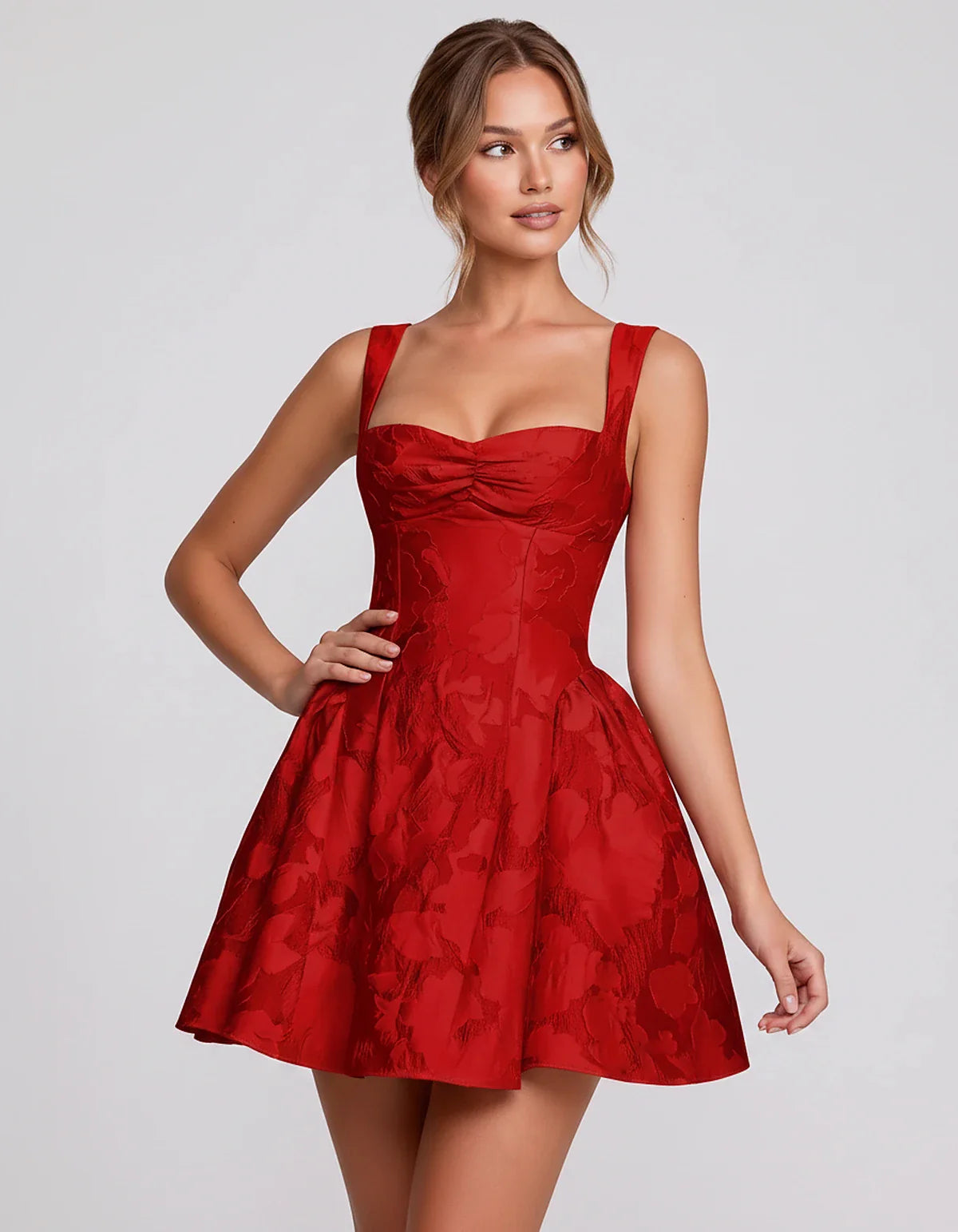 Jacquard Sleeveless Sweetheart A-Line Flared Structured Mini Dress for Party Cocktail Evening Summer Wedding Guest Elegant Oc | SKU: MD-482915736104582-RED-L,MD-482915736104582-RED-M,MD-482915736104582-RED-S,MD-482915736104582-RED-XL,MD-482915736104582-RED-XS
