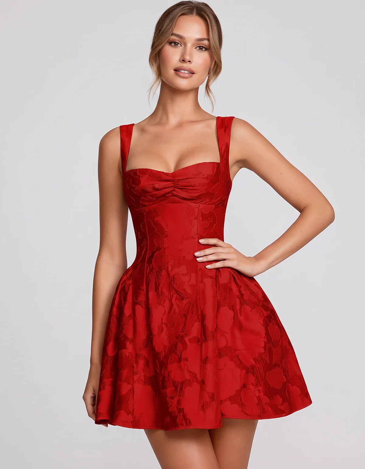 Jacquard Sleeveless Sweetheart A-Line Flared Structured Mini Dress for Party Cocktail Evening Summer Wedding Guest Elegant Oc | SKU: MD-482915736104582-RED-L,MD-482915736104582-RED-M,MD-482915736104582-RED-S,MD-482915736104582-RED-XL,MD-482915736104582-RED-XS