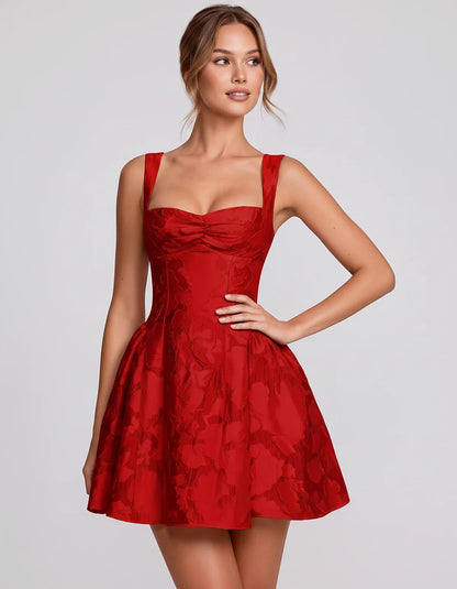 Jacquard Sleeveless Sweetheart A-Line Flared Structured Mini Dress for Party Cocktail Evening Summer Wedding Guest Elegant Oc | SKU: MD-482915736104582-RED-L,MD-482915736104582-RED-M,MD-482915736104582-RED-S,MD-482915736104582-RED-XL,MD-482915736104582-RED-XS