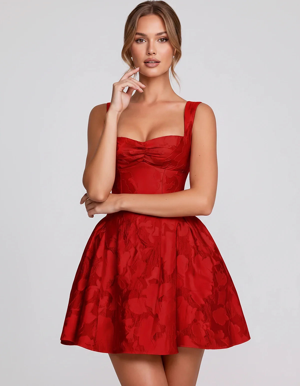 Jacquard Sleeveless Sweetheart A-Line Flared Structured Mini Dress for Party Cocktail Evening Summer Wedding Guest Elegant Oc | SKU: MD-482915736104582-RED-L,MD-482915736104582-RED-M,MD-482915736104582-RED-S,MD-482915736104582-RED-XL,MD-482915736104582-RED-XS