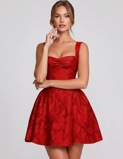 Jacquard Sleeveless Sweetheart A-Line Flared Structured Mini Dress for Party Cocktail Evening Summer Wedding Guest Elegant Oc | SKU: MD-482915736104582-RED-L,MD-482915736104582-RED-M,MD-482915736104582-RED-S,MD-482915736104582-RED-XL,MD-482915736104582-RED-XS