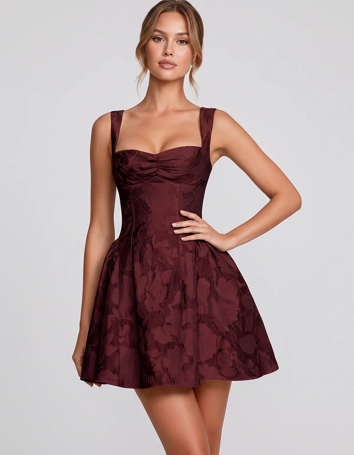 Jacquard Sleeveless Sweetheart A-Line Flared Structured Mini Dress for Party Cocktail Evening Summer Wedding Guest Elegant Oc | SKU: MD-482915736104582-BURGUNDY-L,MD-482915736104582-BURGUNDY-M,MD-482915736104582-BURGUNDY-S,MD-482915736104582-BURGUNDY-XL,MD-482915736104582-BURGUNDY-XS