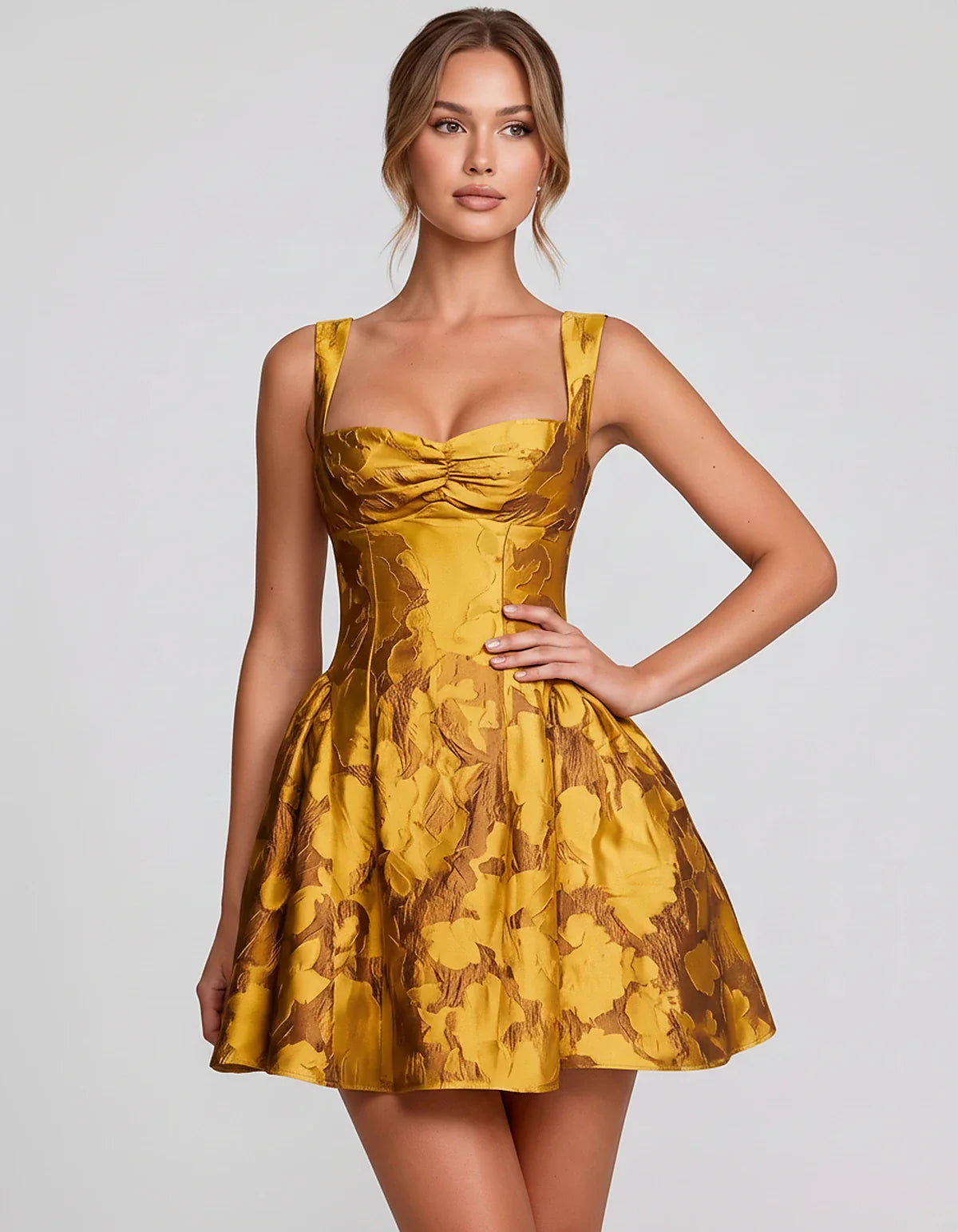Jacquard Sleeveless Sweetheart A-Line Flared Structured Mini Dress for Party Cocktail Evening Summer Wedding Guest Elegant Oc | SKU: MD-482915736104582-YELLOW-L,MD-482915736104582-YELLOW-M,MD-482915736104582-YELLOW-S,MD-482915736104582-YELLOW-XL,MD-482915736104582-YELLOW-XS