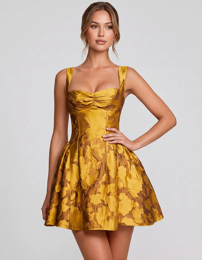 Jacquard Sleeveless Sweetheart A-Line Flared Structured Mini Dress for Party Cocktail Evening Summer Wedding Guest Elegant Oc | SKU: MD-482915736104582-YELLOW-L,MD-482915736104582-YELLOW-M,MD-482915736104582-YELLOW-S,MD-482915736104582-YELLOW-XL,MD-482915736104582-YELLOW-XS