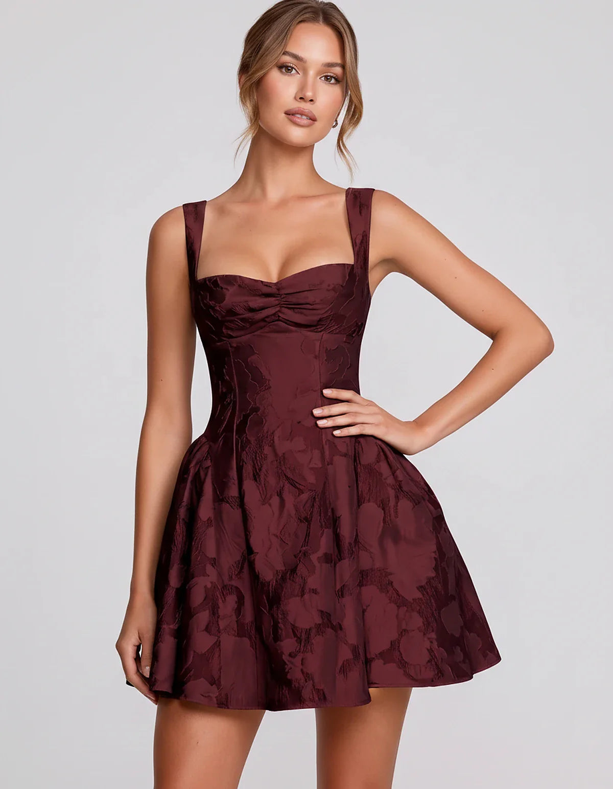 Jacquard Sleeveless Sweetheart A-Line Flared Structured Mini Dress for Party Cocktail Evening Summer Wedding Guest Elegant Oc | SKU: MD-482915736104582-BURGUNDY-L,MD-482915736104582-BURGUNDY-M,MD-482915736104582-BURGUNDY-S,MD-482915736104582-BURGUNDY-XL,MD-482915736104582-BURGUNDY-XS