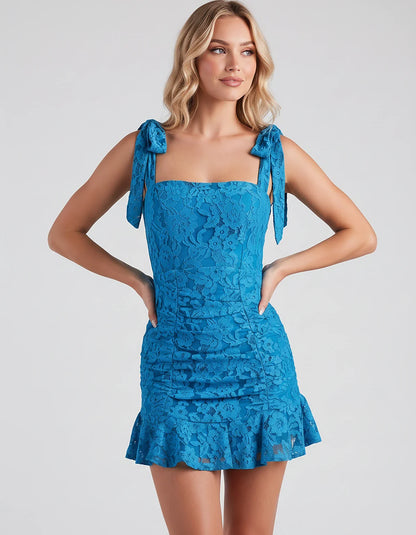 Floral Lace Square Neck Mini Dress with Strap Details and Ruched Silhouette for Party, Cocktail, Evening, Summer, Wedding Gue | SKU: VL-483920174650321-BLUE-L,VL-483920174650321-BLUE-M,VL-483920174650321-BLUE-S,VL-483920174650321-BLUE-XL,VL-483920174650321-BLUE-XS