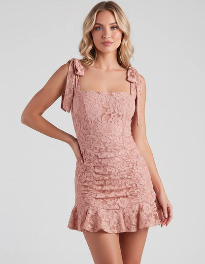 Floral Lace Square Neck Mini Dress with Strap Details and Ruched Silhouette for Party, Cocktail, Evening, Summer, Wedding Gue | SKU: VL-483920174650321-BLUSH-L,VL-483920174650321-BLUSH-M,VL-483920174650321-BLUSH-S,VL-483920174650321-BLUSH-XL,VL-483920174650321-BLUSH-XS