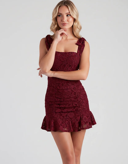 Floral Lace Square Neck Mini Dress with Strap Details and Ruched Silhouette for Party, Cocktail, Evening, Summer, Wedding Gue | SKU: VL-483920174650321-BURGUNDY-L,VL-483920174650321-BURGUNDY-M,VL-483920174650321-BURGUNDY-S,VL-483920174650321-BURGUNDY-XL,VL-483920174650321-BURGUNDY-XS