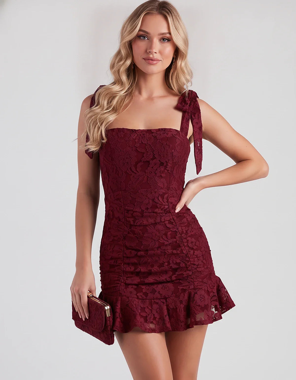 Floral Lace Square Neck Mini Dress with Strap Details and Ruched Silhouette for Party, Cocktail, Evening, Summer, Wedding Gue | SKU: VL-483920174650321-BURGUNDY-L,VL-483920174650321-BURGUNDY-M,VL-483920174650321-BURGUNDY-S,VL-483920174650321-BURGUNDY-XL,VL-483920174650321-BURGUNDY-XS
