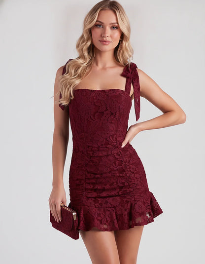 Floral Lace Square Neck Mini Dress with Strap Details and Ruched Silhouette for Party, Cocktail, Evening, Summer, Wedding Gue | SKU: VL-483920174650321-BURGUNDY-L,VL-483920174650321-BURGUNDY-M,VL-483920174650321-BURGUNDY-S,VL-483920174650321-BURGUNDY-XL,VL-483920174650321-BURGUNDY-XS