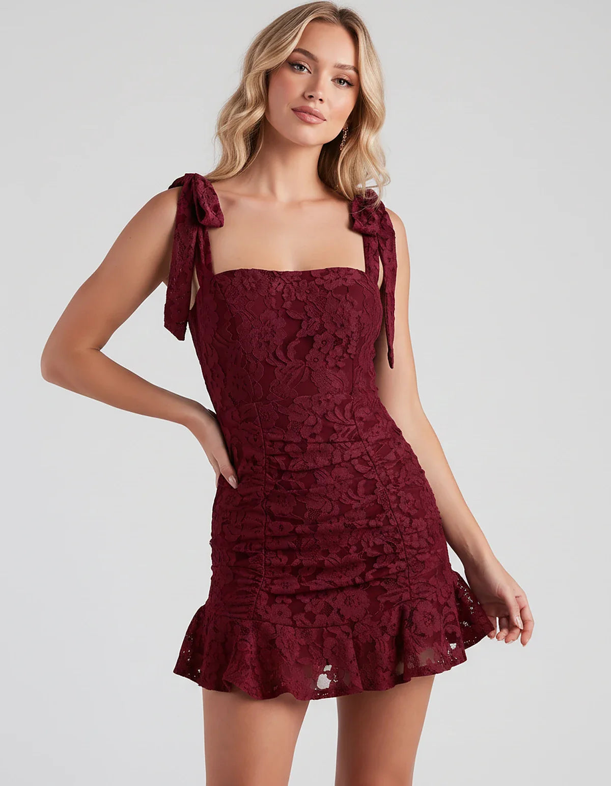 Floral Lace Square Neck Mini Dress with Strap Details and Ruched Silhouette for Party, Cocktail, Evening, Summer, Wedding Gue | SKU: VL-483920174650321-BURGUNDY-L,VL-483920174650321-BURGUNDY-M,VL-483920174650321-BURGUNDY-S,VL-483920174650321-BURGUNDY-XL,VL-483920174650321-BURGUNDY-XS