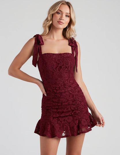 Floral Lace Square Neck Mini Dress with Strap Details and Ruched Silhouette for Party, Cocktail, Evening, Summer, Wedding Gue | SKU: VL-483920174650321-BURGUNDY-L,VL-483920174650321-BURGUNDY-M,VL-483920174650321-BURGUNDY-S,VL-483920174650321-BURGUNDY-XL,VL-483920174650321-BURGUNDY-XS