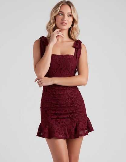 Floral Lace Square Neck Mini Dress with Strap Details and Ruched Silhouette for Party, Cocktail, Evening, Summer, Wedding Gue | SKU: VL-483920174650321-BURGUNDY-L,VL-483920174650321-BURGUNDY-M,VL-483920174650321-BURGUNDY-S,VL-483920174650321-BURGUNDY-XL,VL-483920174650321-BURGUNDY-XS