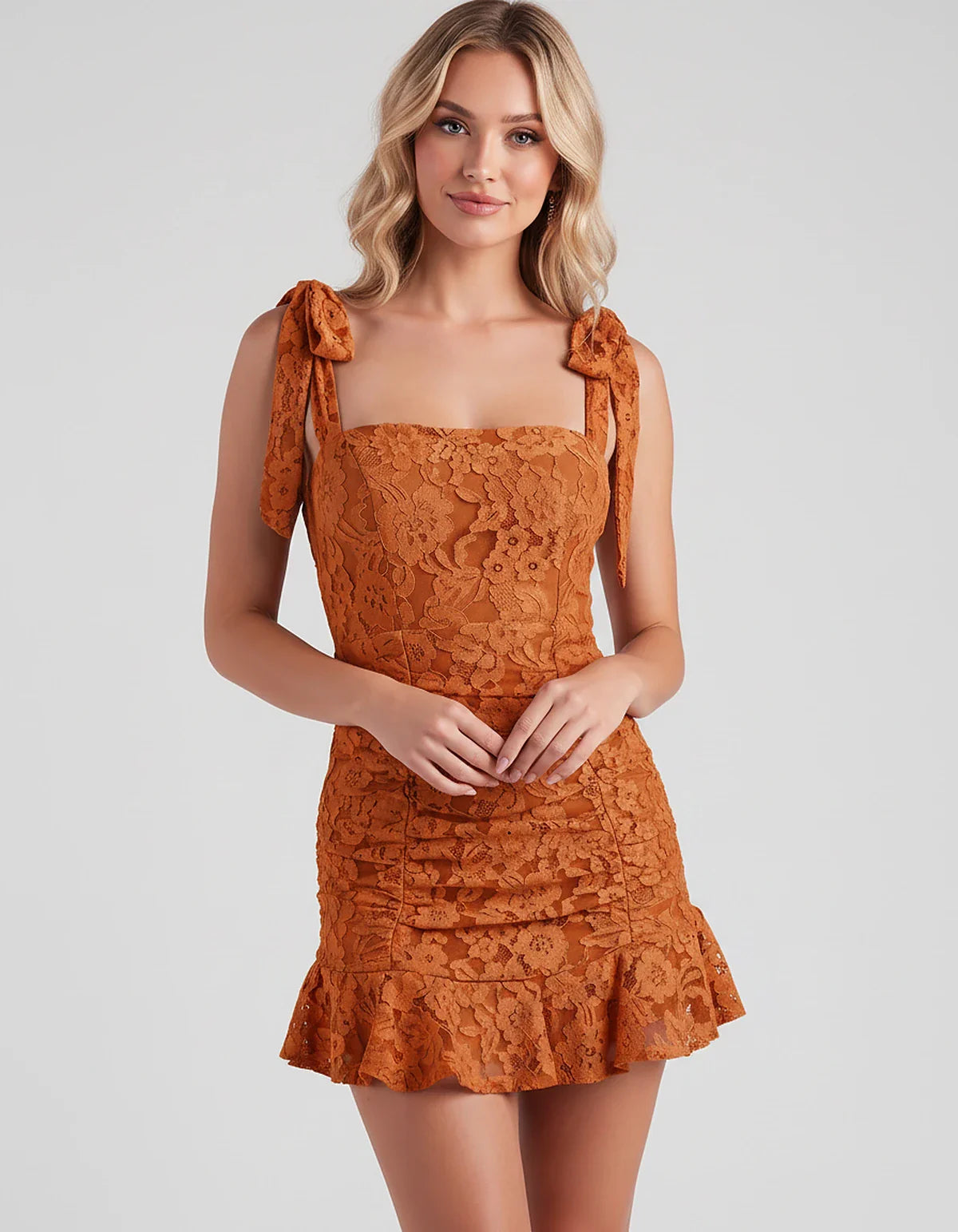 Floral Lace Square Neck Mini Dress with Strap Details and Ruched Silhouette for Party, Cocktail, Evening, Summer, Wedding Gue | SKU: VL-483920174650321-ORANGE-L,VL-483920174650321-ORANGE-M,VL-483920174650321-ORANGE-S,VL-483920174650321-ORANGE-XL,VL-483920174650321-ORANGE-XS