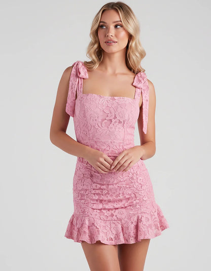 Floral Lace Square Neck Mini Dress with Strap Details and Ruched Silhouette for Party, Cocktail, Evening, Summer, Wedding Gue | SKU: VL-483920174650321-PINK-L,VL-483920174650321-PINK-M,VL-483920174650321-PINK-S,VL-483920174650321-PINK-XL,VL-483920174650321-PINK-XS