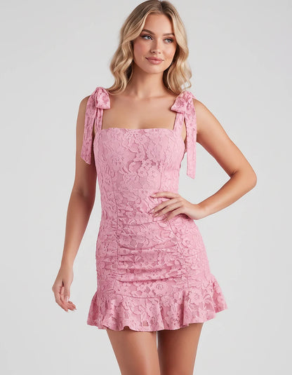 Floral Lace Square Neck Mini Dress with Strap Details and Ruched Silhouette for Party, Cocktail, Evening, Summer, Wedding Gue | SKU: VL-483920174650321-PINK-L,VL-483920174650321-PINK-M,VL-483920174650321-PINK-S,VL-483920174650321-PINK-XL,VL-483920174650321-PINK-XS