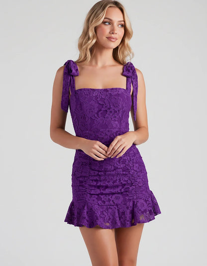 Floral Lace Square Neck Mini Dress with Strap Details and Ruched Silhouette for Party, Cocktail, Evening, Summer, Wedding Gue | SKU: VL-483920174650321-PURPLE-L,VL-483920174650321-PURPLE-M,VL-483920174650321-PURPLE-S,VL-483920174650321-PURPLE-XL,VL-483920174650321-PURPLE-XS