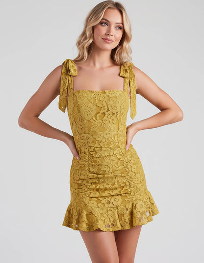 Floral Lace Square Neck Mini Dress with Strap Details and Ruched Silhouette for Party, Cocktail, Evening, Summer, Wedding Gue | SKU: VL-483920174650321-YELLOW-L,VL-483920174650321-YELLOW-M,VL-483920174650321-YELLOW-S,VL-483920174650321-YELLOW-XL,VL-483920174650321-YELLOW-XS