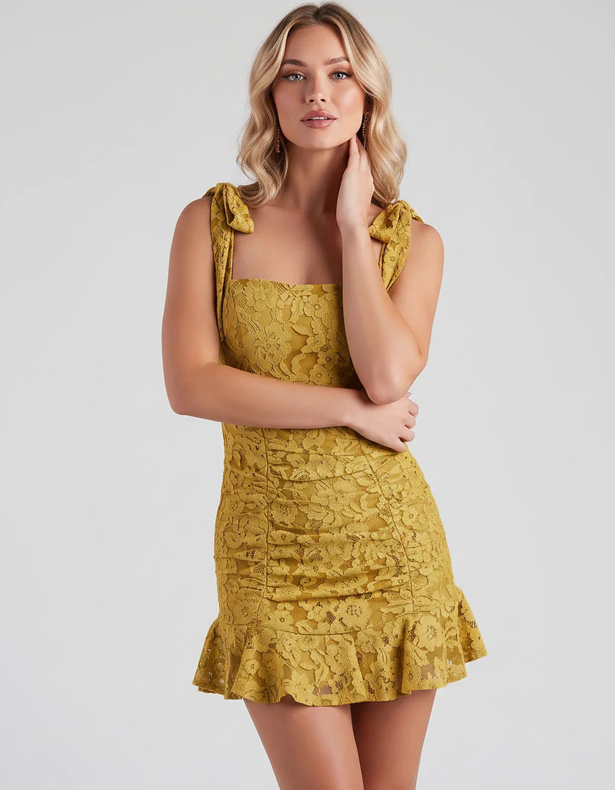 Floral Lace Square Neck Mini Dress with Strap Details and Ruched Silhouette for Party, Cocktail, Evening, Summer, Wedding Gue | SKU: VL-483920174650321-YELLOW-L,VL-483920174650321-YELLOW-M,VL-483920174650321-YELLOW-S,VL-483920174650321-YELLOW-XL,VL-483920174650321-YELLOW-XS