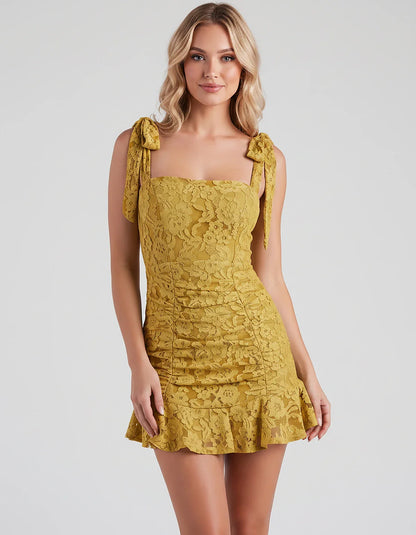 Floral Lace Square Neck Mini Dress with Strap Details and Ruched Silhouette for Party, Cocktail, Evening, Summer, Wedding Gue | SKU: VL-483920174650321-YELLOW-L,VL-483920174650321-YELLOW-M,VL-483920174650321-YELLOW-S,VL-483920174650321-YELLOW-XL,VL-483920174650321-YELLOW-XS