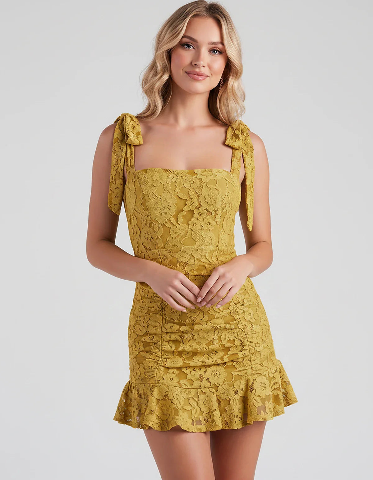 Floral Lace Square Neck Mini Dress with Strap Details and Ruched Silhouette for Party, Cocktail, Evening, Summer, Wedding Gue | SKU: VL-483920174650321-YELLOW-L,VL-483920174650321-YELLOW-M,VL-483920174650321-YELLOW-S,VL-483920174650321-YELLOW-XL,VL-483920174650321-YELLOW-XS