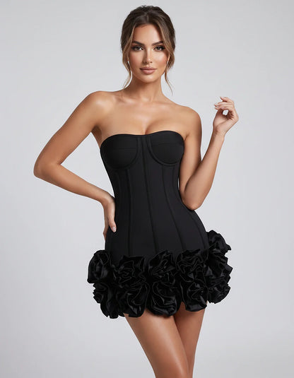 Satin Strapless Floral Bodycon Mini Dress for Party, Cocktail, Evening, Summer, Wedding Guest and Formal Events, front view | | SKU: VMD-583920174638521-BLACK-L,VMD-583920174638521-BLACK-M,VMD-583920174638521-BLACK-S,VMD-583920174638521-BLACK-XL,VMD-583920174638521-BLACK-XS