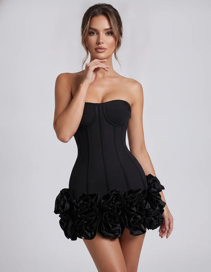 Satin Strapless Floral Bodycon Mini Dress for Party, Cocktail, Evening, Summer, Wedding Guest and Formal Events, front view | | SKU: VMD-583920174638521-BLACK-L,VMD-583920174638521-BLACK-M,VMD-583920174638521-BLACK-S,VMD-583920174638521-BLACK-XL,VMD-583920174638521-BLACK-XS