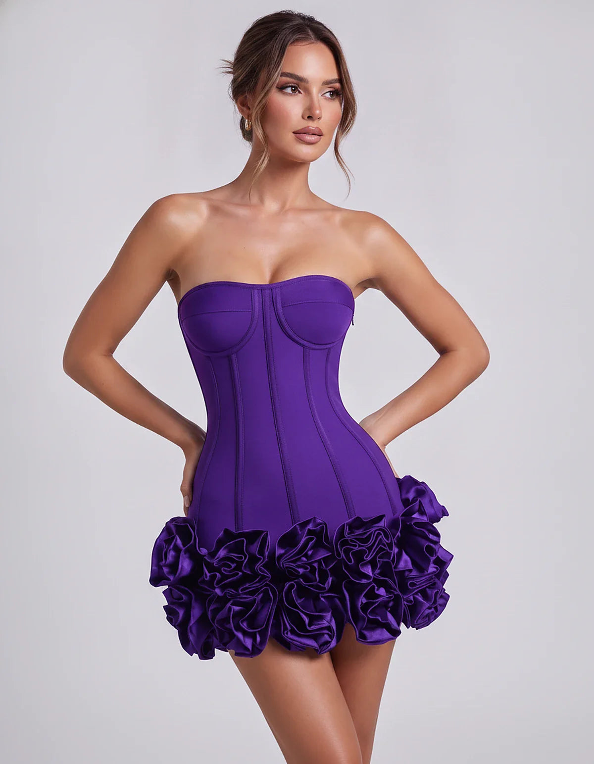 Satin Strapless Floral Bodycon Mini Dress for Party, Cocktail, Evening, Summer, Wedding Guest and Formal Events, front view | | SKU: VMD-583920174638521-PURPLE-L,VMD-583920174638521-PURPLE-M,VMD-583920174638521-PURPLE-S,VMD-583920174638521-PURPLE-XL,VMD-583920174638521-PURPLE-XS