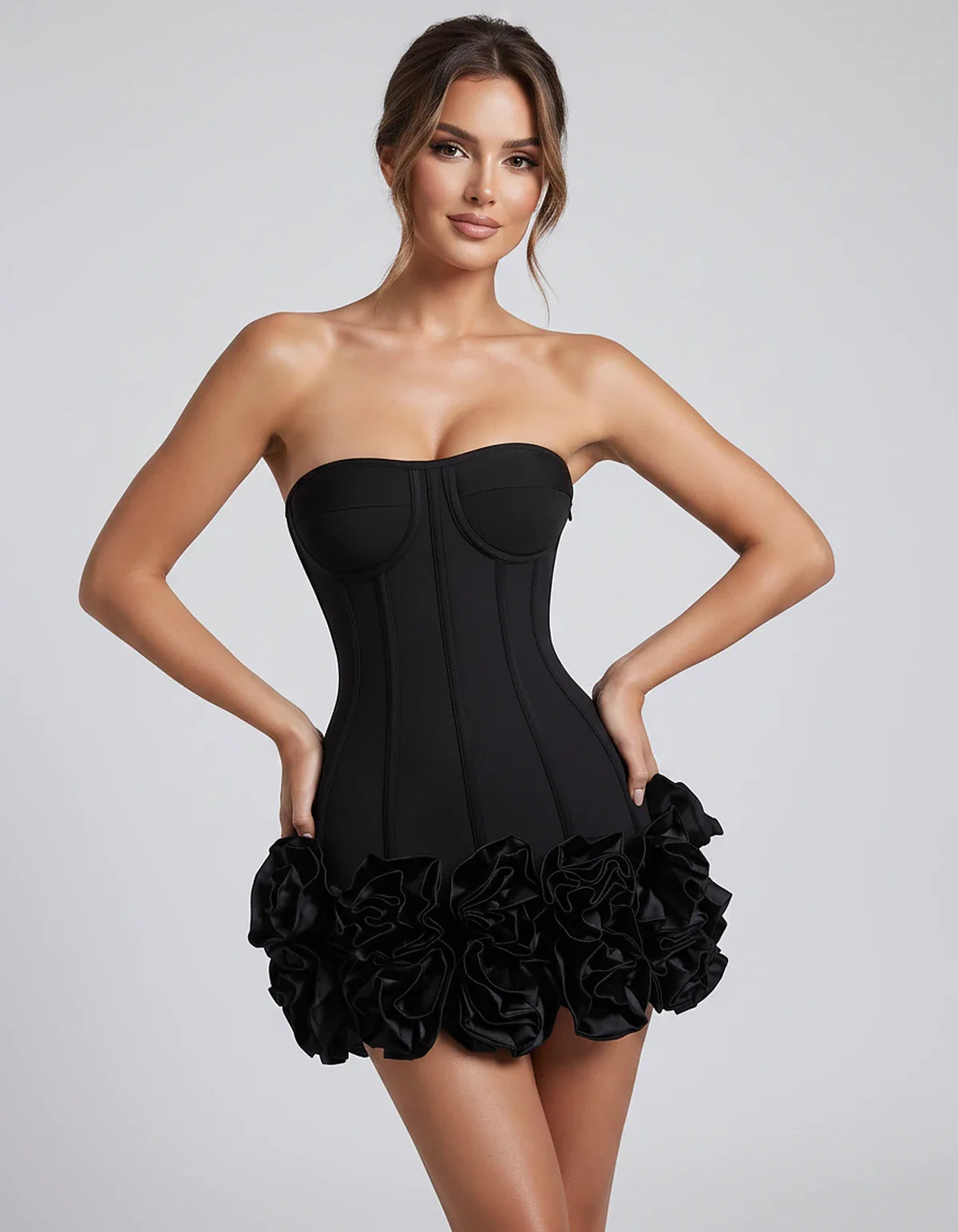 Satin Strapless Floral Bodycon Mini Dress for Party, Cocktail, Evening, Summer, Wedding Guest and Formal Events, front view | | SKU: VMD-583920174638521-BLACK-L,VMD-583920174638521-BLACK-M,VMD-583920174638521-BLACK-S,VMD-583920174638521-BLACK-XL,VMD-583920174638521-BLACK-XS