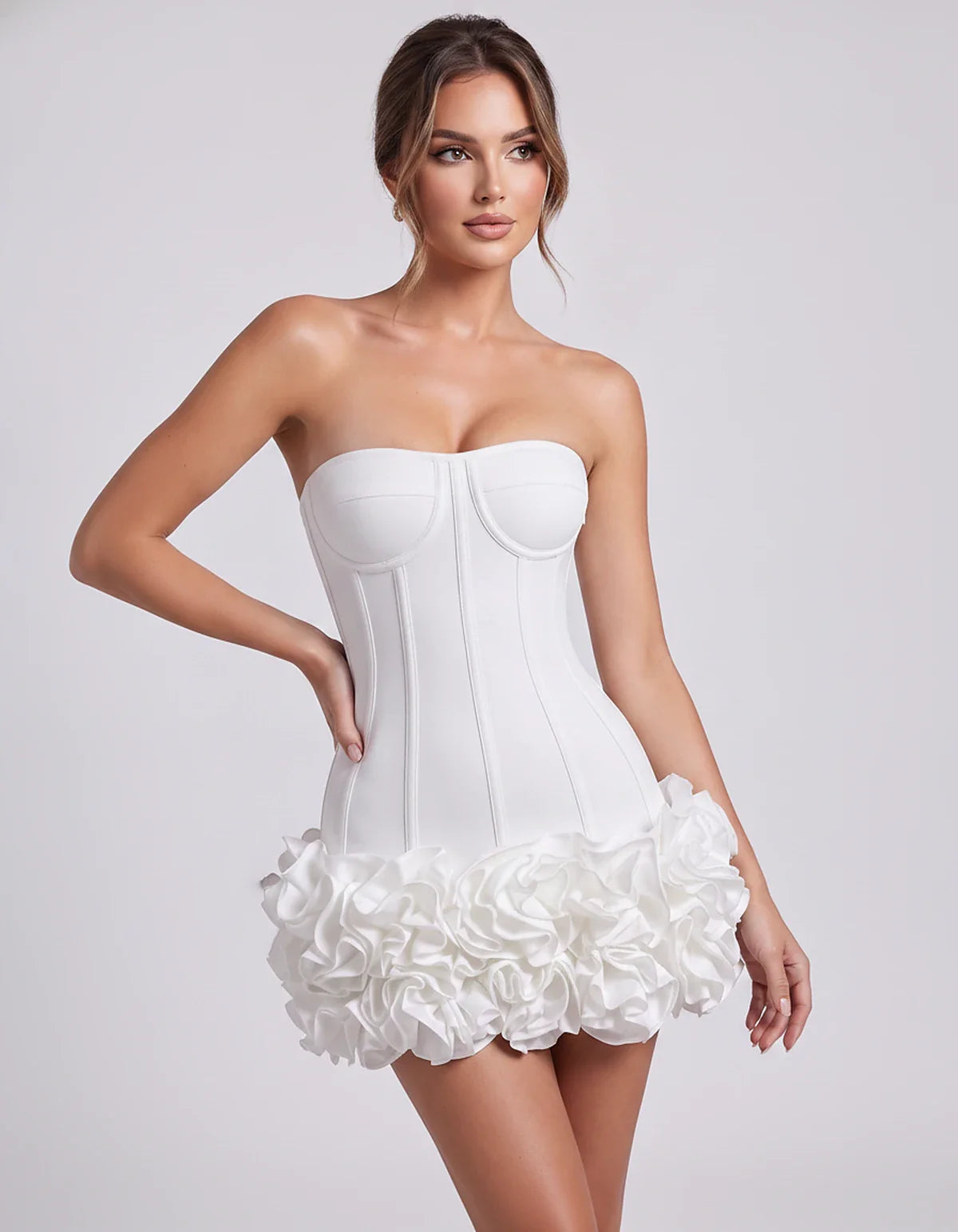 Satin Strapless Floral Bodycon Mini Dress for Party, Cocktail, Evening, Summer, Wedding Guest and Formal Events, front view | | SKU: VMD-583920174638521-WHITE-L,VMD-583920174638521-WHITE-M,VMD-583920174638521-WHITE-S,VMD-583920174638521-WHITE-XL,VMD-583920174638521-WHITE-XS