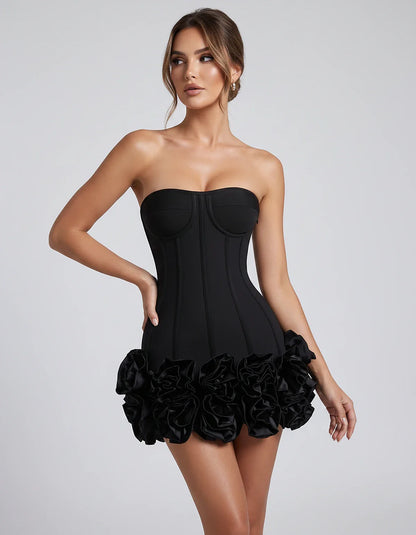 Satin Strapless Floral Bodycon Mini Dress for Party, Cocktail, Evening, Summer, Wedding Guest and Formal Events, front view | | SKU: VMD-583920174638521-BLACK-L,VMD-583920174638521-BLACK-M,VMD-583920174638521-BLACK-S,VMD-583920174638521-BLACK-XL,VMD-583920174638521-BLACK-XS