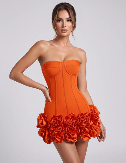 Satin Strapless Floral Bodycon Mini Dress for Party, Cocktail, Evening, Summer, Wedding Guest and Formal Events, front view | | SKU: VMD-583920174638521-ORANGE-L,VMD-583920174638521-ORANGE-M,VMD-583920174638521-ORANGE-S,VMD-583920174638521-ORANGE-XL,VMD-583920174638521-ORANGE-XS
