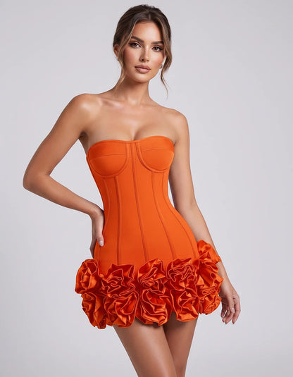 Satin Strapless Floral Bodycon Mini Dress for Party, Cocktail, Evening, Summer, Wedding Guest and Formal Events, front view | | SKU: VMD-583920174638521-ORANGE-L,VMD-583920174638521-ORANGE-M,VMD-583920174638521-ORANGE-S,VMD-583920174638521-ORANGE-XL,VMD-583920174638521-ORANGE-XS