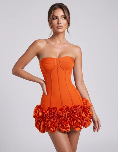 Satin Strapless Floral Bodycon Mini Dress for Party, Cocktail, Evening, Summer, Wedding Guest and Formal Events, front view | | SKU: VMD-583920174638521-ORANGE-L,VMD-583920174638521-ORANGE-M,VMD-583920174638521-ORANGE-S,VMD-583920174638521-ORANGE-XL,VMD-583920174638521-ORANGE-XS