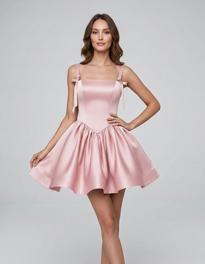 Satin Sleeveless Square Neck Fit-and-Flare Mini Dress for Party, Cocktail, Evening, Summer & Wedding Guest Events, front view | SKU: VMD-583920174618253-BLUSHPINK-L,VMD-583920174618253-BLUSHPINK-M,VMD-583920174618253-BLUSHPINK-S,VMD-583920174618253-BLUSHPINK-XL,VMD-583920174618253-BLUSHPINK-XS
