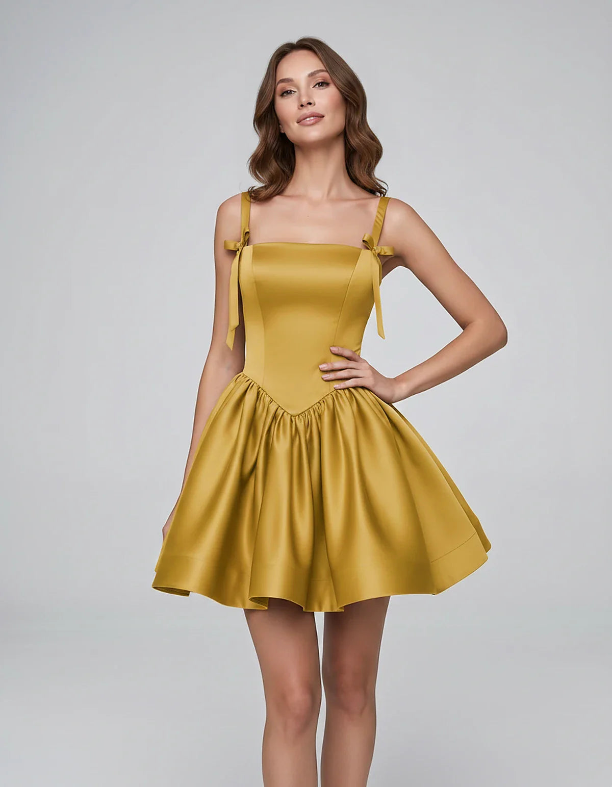 Satin Sleeveless Square Neck Fit-and-Flare Mini Dress for Party, Cocktail, Evening, Summer & Wedding Guest Events, front view | SKU: VMD-583920174618253-GOLD-L,VMD-583920174618253-GOLD-M,VMD-583920174618253-GOLD-S,VMD-583920174618253-GOLD-XL,VMD-583920174618253-GOLD-XS