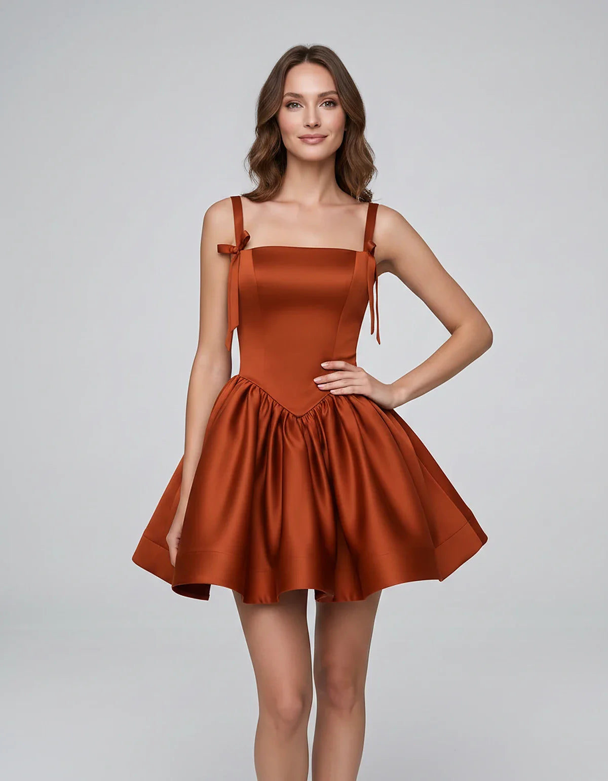 Satin Sleeveless Square Neck Fit-and-Flare Mini Dress for Party, Cocktail, Evening, Summer & Wedding Guest Events, front view | SKU: VMD-583920174618253-BURNTORANGE-L,VMD-583920174618253-BURNTORANGE-M,VMD-583920174618253-BURNTORANGE-S,VMD-583920174618253-BURNTORANGE-XL,VMD-583920174618253-BURNTORANGE-XS