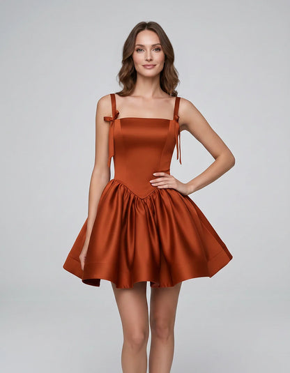 Satin Sleeveless Square Neck Fit-and-Flare Mini Dress for Party, Cocktail, Evening, Summer & Wedding Guest Events, front view | SKU: VMD-583920174618253-BURNTORANGE-L,VMD-583920174618253-BURNTORANGE-M,VMD-583920174618253-BURNTORANGE-S,VMD-583920174618253-BURNTORANGE-XL,VMD-583920174618253-BURNTORANGE-XS