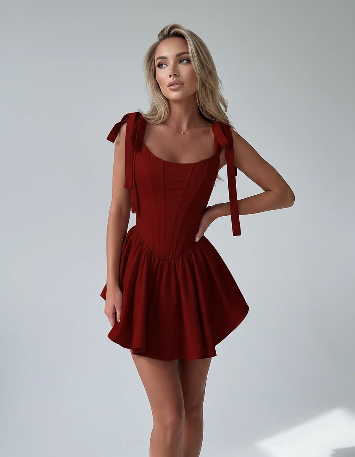 Satin Square Neck Corset Fit and Flare Mini Dress with Tie Straps for Party, Cocktail, Evening, Summer & Wedding Guest Events | SKU: VMD-583927461852741-WINE-L,VMD-583927461852741-WINE-M,VMD-583927461852741-WINE-S,VMD-583927461852741-WINE-XL,VMD-583927461852741-WINE-XS