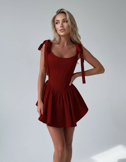 Satin Square Neck Corset Fit and Flare Mini Dress with Tie Straps for Party, Cocktail, Evening, Summer & Wedding Guest Events | SKU: VMD-583927461852741-WINE-L,VMD-583927461852741-WINE-M,VMD-583927461852741-WINE-S,VMD-583927461852741-WINE-XL,VMD-583927461852741-WINE-XS