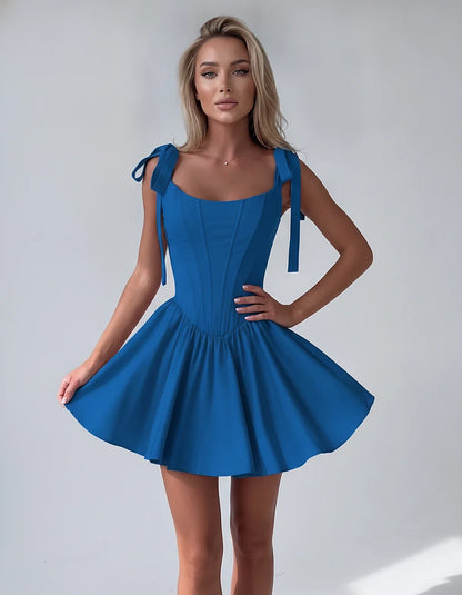 Satin Square Neck Corset Fit and Flare Mini Dress with Tie Straps for Party, Cocktail, Evening, Summer & Wedding Guest Events | SKU: VMD-583927461852741-BLUE-L,VMD-583927461852741-BLUE-M,VMD-583927461852741-BLUE-S,VMD-583927461852741-BLUE-XL,VMD-583927461852741-BLUE-XS