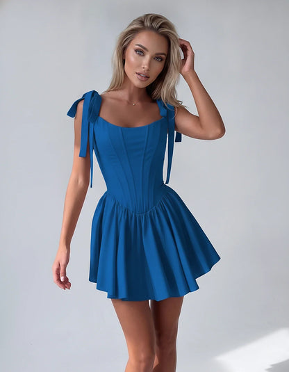Satin Square Neck Corset Fit and Flare Mini Dress with Tie Straps for Party, Cocktail, Evening, Summer & Wedding Guest Events | SKU: VMD-583927461852741-BLUE-L,VMD-583927461852741-BLUE-M,VMD-583927461852741-BLUE-S,VMD-583927461852741-BLUE-XL,VMD-583927461852741-BLUE-XS