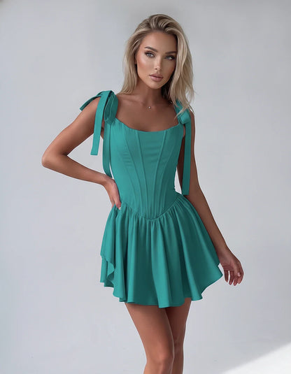 Satin Square Neck Corset Fit and Flare Mini Dress with Tie Straps for Party, Cocktail, Evening, Summer & Wedding Guest Events | SKU: VMD-583927461852741-TURQUOISE-L,VMD-583927461852741-TURQUOISE-M,VMD-583927461852741-TURQUOISE-S,VMD-583927461852741-TURQUOISE-XL,VMD-583927461852741-TURQUOISE-XS