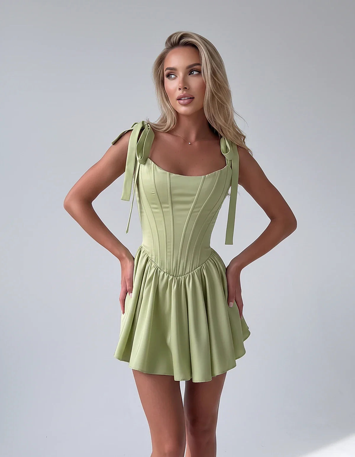 Satin Square Neck Corset Fit and Flare Mini Dress with Tie Straps for Party, Cocktail, Evening, Summer & Wedding Guest Events | SKU: VMD-583927461852741-SAGE-L,VMD-583927461852741-SAGE-M,VMD-583927461852741-SAGE-S,VMD-583927461852741-SAGE-XL,VMD-583927461852741-SAGE-XS