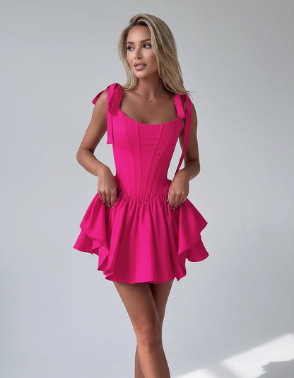 Satin Square Neck Corset Fit and Flare Mini Dress with Tie Straps for Party, Cocktail, Evening, Summer & Wedding Guest Events | SKU: VMD-583927461852741-HOTPINK-L,VMD-583927461852741-HOTPINK-M,VMD-583927461852741-HOTPINK-S,VMD-583927461852741-HOTPINK-XL,VMD-583927461852741-HOTPINK-XS