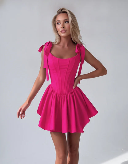 Satin Square Neck Corset Fit and Flare Mini Dress with Tie Straps for Party, Cocktail, Evening, Summer & Wedding Guest Events | SKU: VMD-583927461852741-HOTPINK-L,VMD-583927461852741-HOTPINK-M,VMD-583927461852741-HOTPINK-S,VMD-583927461852741-HOTPINK-XL,VMD-583927461852741-HOTPINK-XS
