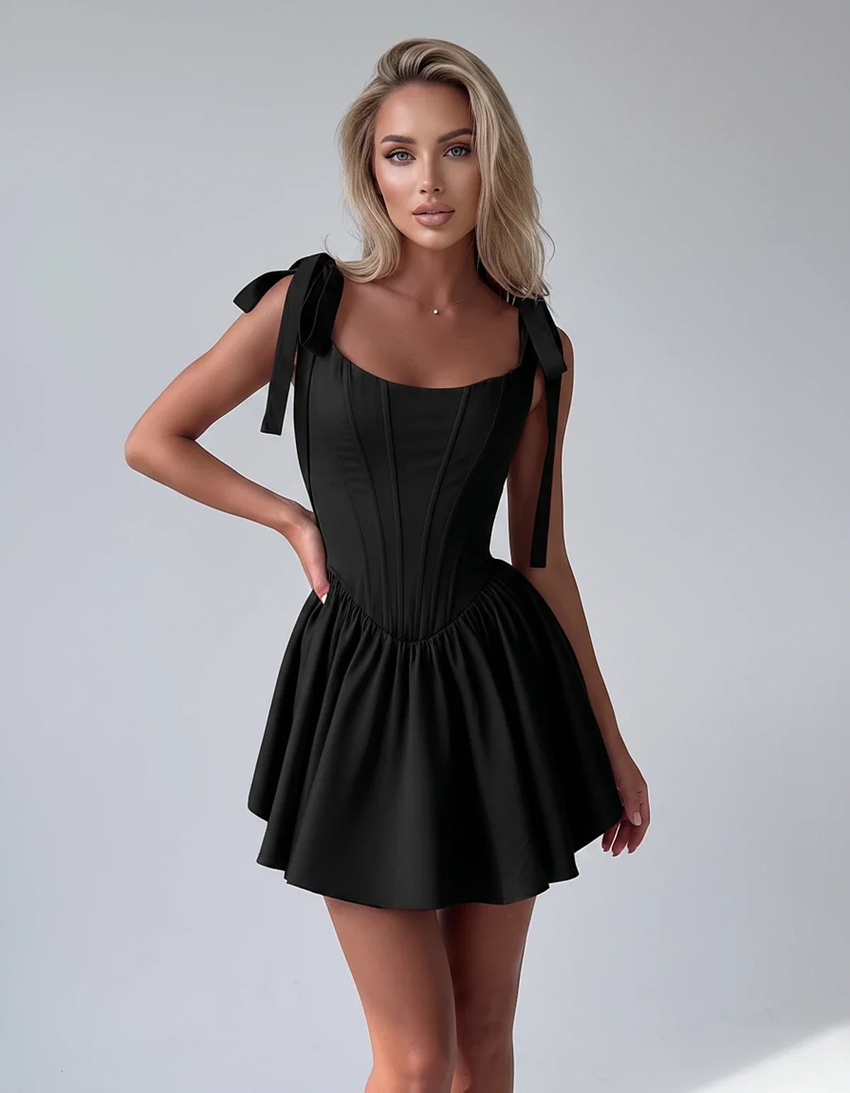 Satin Square Neck Corset Fit and Flare Mini Dress with Tie Straps for Party, Cocktail, Evening, Summer & Wedding Guest Events | SKU: VMD-583927461852741-BLACK-L,VMD-583927461852741-BLACK-M,VMD-583927461852741-BLACK-S,VMD-583927461852741-BLACK-XL,VMD-583927461852741-BLACK-XS