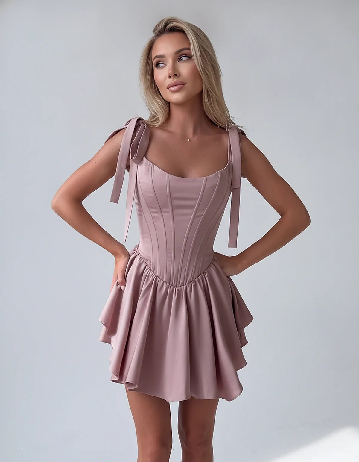 Satin Square Neck Corset Fit and Flare Mini Dress with Tie Straps for Party, Cocktail, Evening, Summer & Wedding Guest Events | SKU: VMD-583927461852741-DUSTYROSE-L,VMD-583927461852741-DUSTYROSE-M,VMD-583927461852741-DUSTYROSE-S,VMD-583927461852741-DUSTYROSE-XL,VMD-583927461852741-DUSTYROSE-XS