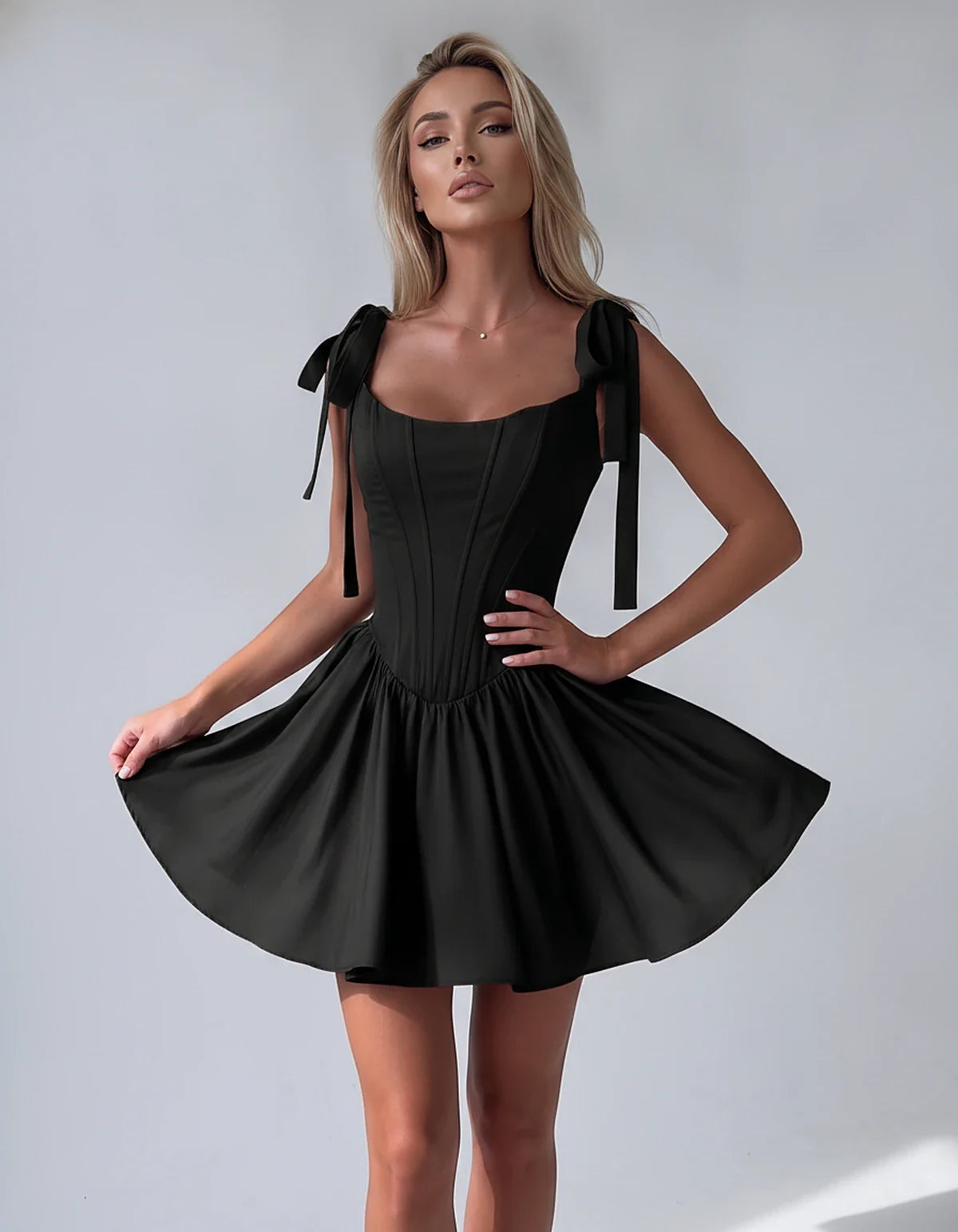 Satin Square Neck Corset Fit and Flare Mini Dress with Tie Straps for Party, Cocktail, Evening, Summer & Wedding Guest Events | SKU: VMD-583927461852741-BLACK-L,VMD-583927461852741-BLACK-M,VMD-583927461852741-BLACK-S,VMD-583927461852741-BLACK-XL,VMD-583927461852741-BLACK-XS